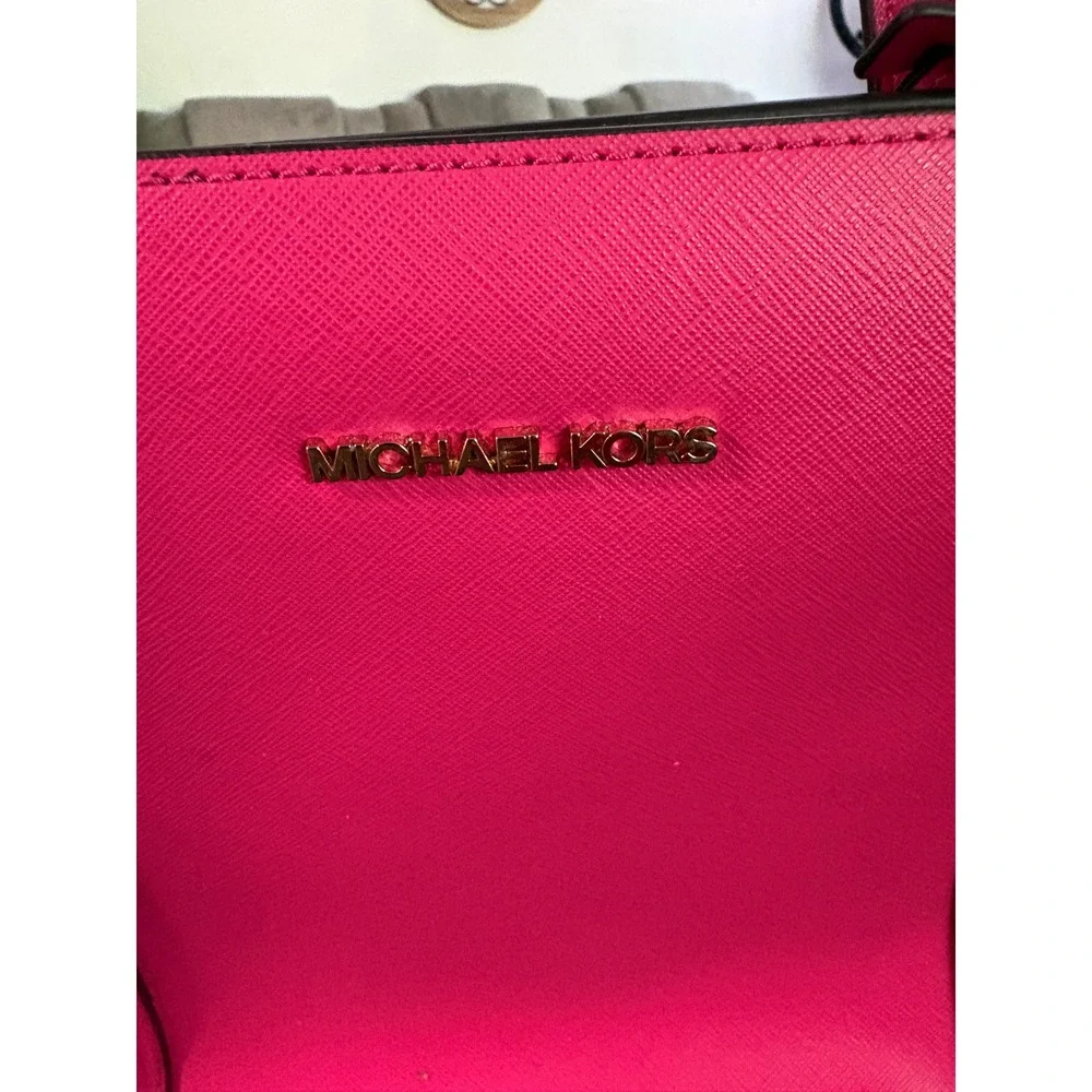 Michael Kors Hot Pink Saffiano Leather Tote Bag Gold Hardware MK Charm Shoulder